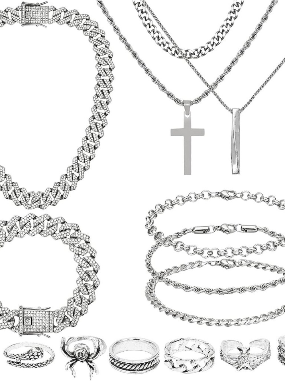 15 Pieces Silver Jewelry Set for Men Stainless Steel Cuban Link Necklace Bracele
